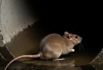 A brown rat swimming through dark water inside a curved concrete sewer pipe