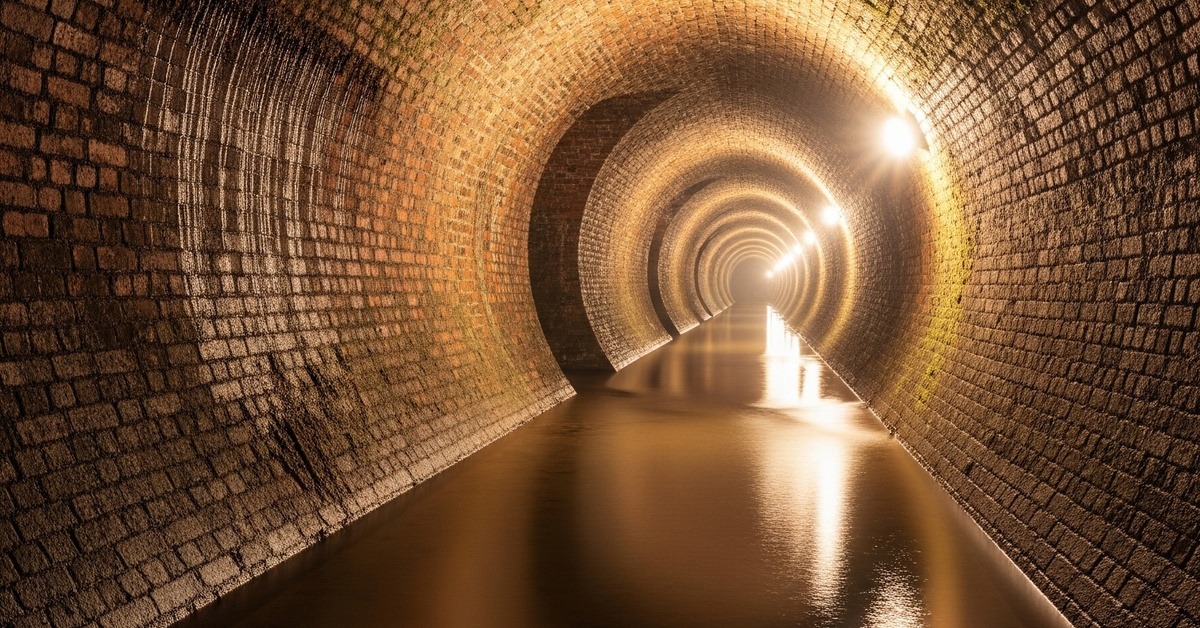 A wide view of a Victorian brick sewer tunnel with shallow flowing water