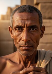 Photoreal portrait of an ancient Egyptian man from the early Old Kingdom era, sun-darkened brown skin and short dark hair touched with grey, evoking the 2025 Nuwayrat facial reconstruction