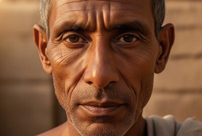 Photoreal portrait of an ancient Egyptian man from the early Old Kingdom era, sun-darkened brown skin and short dark hair touched with grey, evoking the 2025 Nuwayrat facial reconstruction