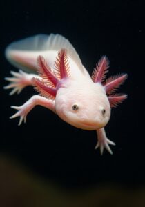 A pink axolotl with feathery external gills facing the camera in dark water, National Geographic style