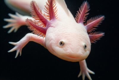A pink axolotl with feathery external gills facing the camera in dark water, National Geographic style