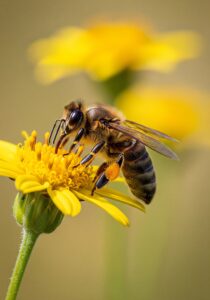 Close-up of a honeybee drinking nectar from a yellow wildflower, golden pollen dusting her back legs