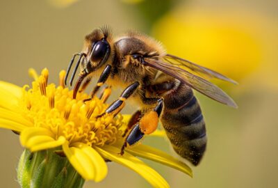 Close-up of a honeybee drinking nectar from a yellow wildflower, golden pollen dusting her back legs