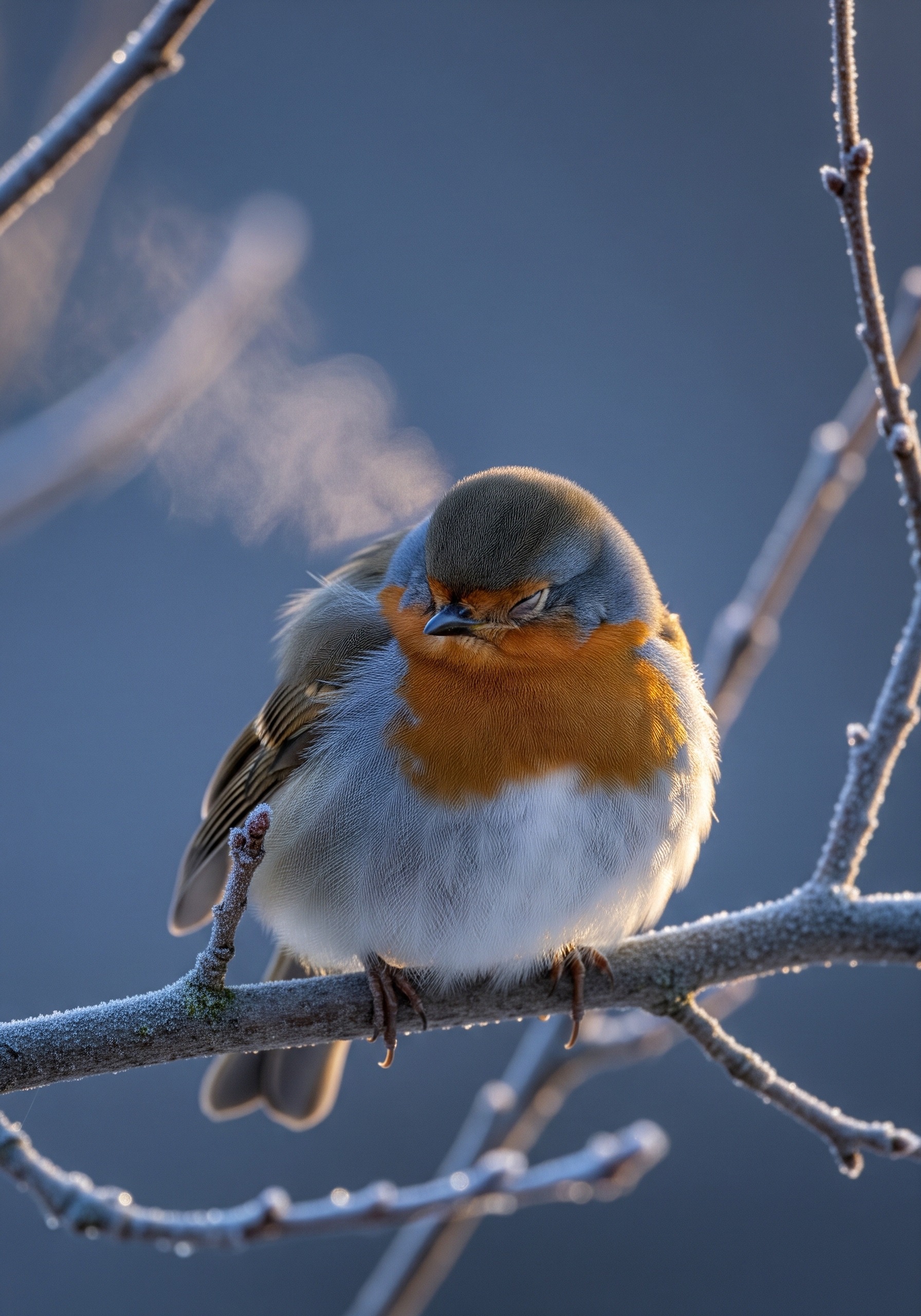 A small songbird asleep on a frost-dusted branch at twilight, head tucked under its wing, feathers fluffed against the cold.