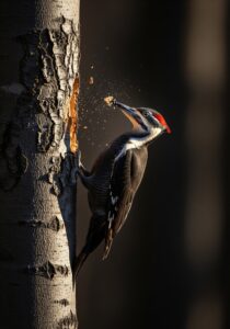 Pileated woodpecker drilling into the trunk of a dead beech tree, wood chips flying, dramatic morning light