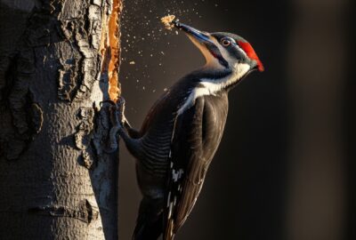 Pileated woodpecker drilling into the trunk of a dead beech tree, wood chips flying, dramatic morning light