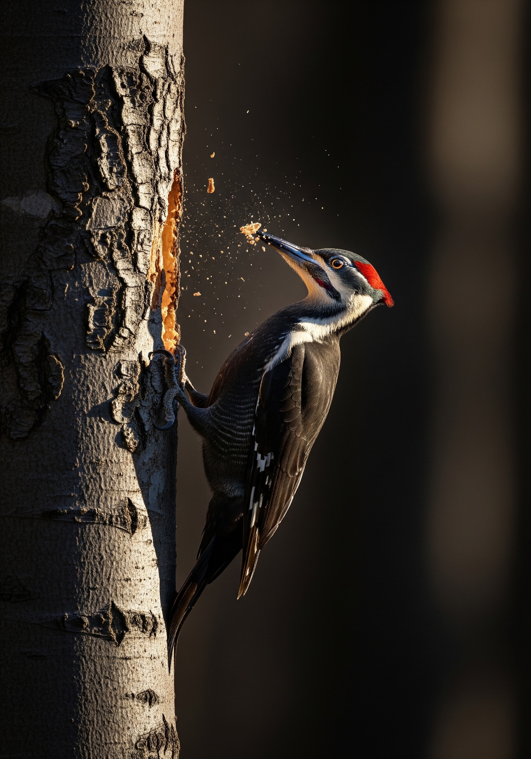 Pileated woodpecker drilling into the trunk of a dead beech tree, wood chips flying, dramatic morning light