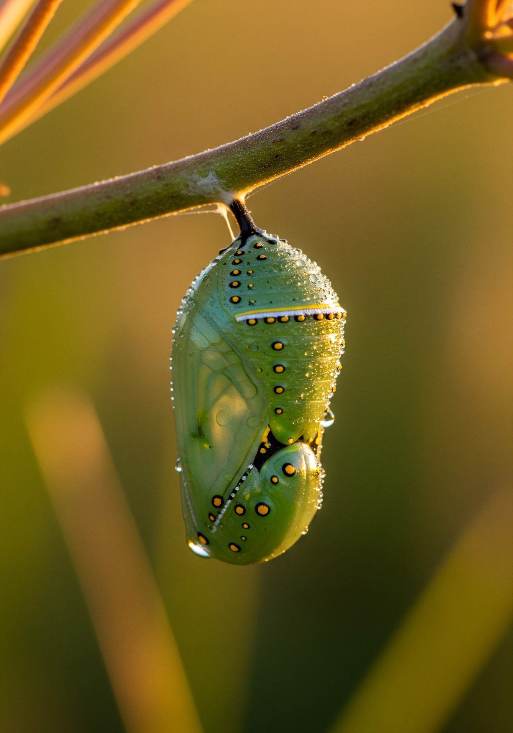 Nefritově zelená chrysalida monarcha visící na stonku mléčníku se zlatě tečkovaným okrajem a kapkami rosy, vyfotografovaná v měkkém odpoledním světle.