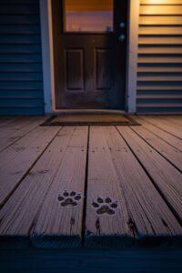 An empty wooden front porch at dusk with two paw prints pressed into thin frost on the boards