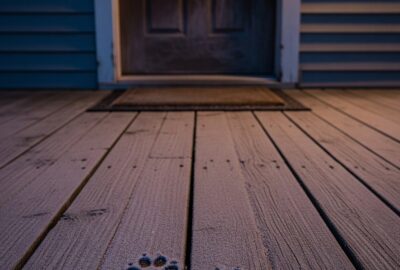 An empty wooden front porch at dusk with two paw prints pressed into thin frost on the boards