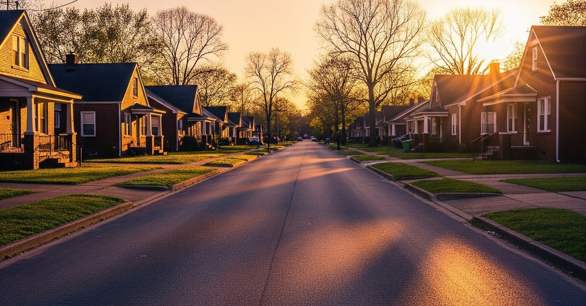 A long quiet suburban Memphis street stretching toward the horizon under warm late afternoon light