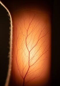 Macro photograph of the human capillary network visible beneath backlit skin, showing the fine vascular structure that makes up most of the body's blood vessel length