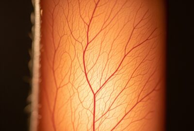 Macro photograph of the human capillary network visible beneath backlit skin, showing the fine vascular structure that makes up most of the body's blood vessel length
