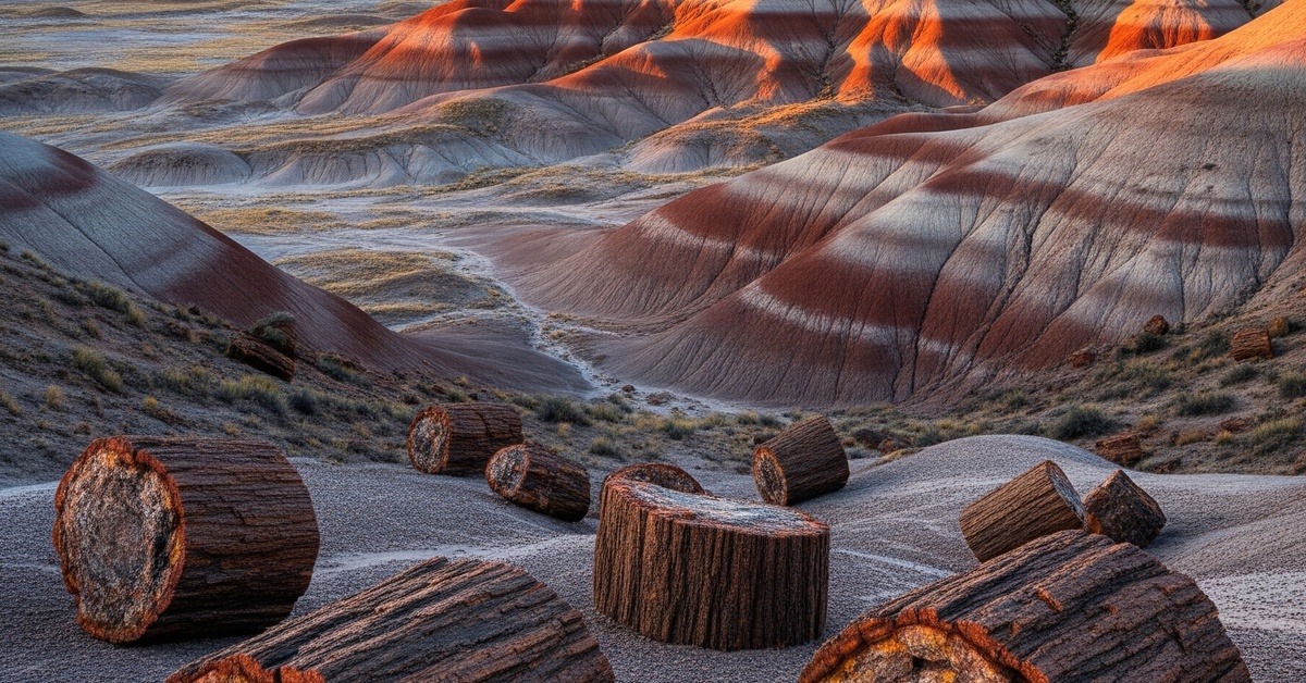 A wide desert view of petrified logs scattered across the painted badlands floor