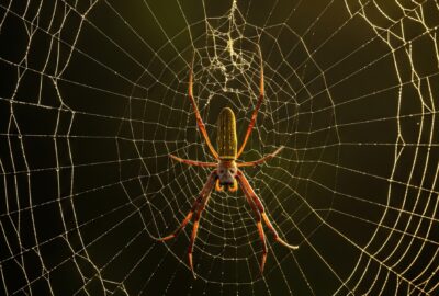 Close-up of a golden orb-weaver spider sitting at the centre of a dew-covered web at dawn, backlit by golden light.