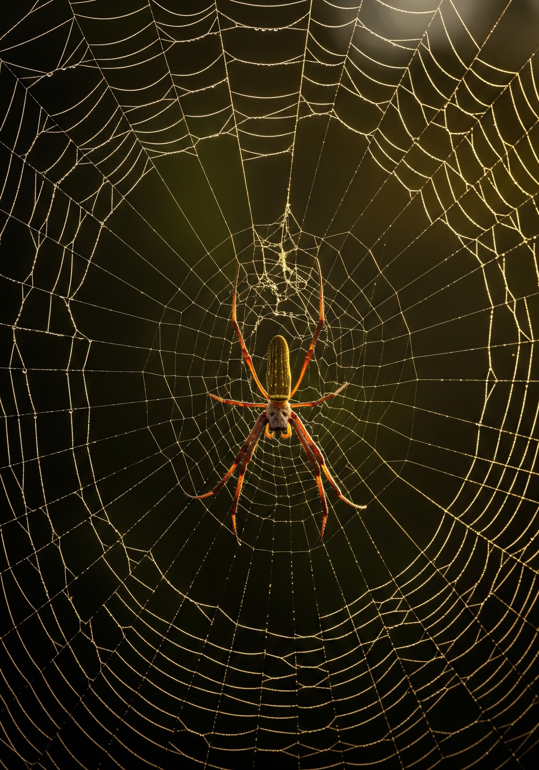 Close-up of a golden orb-weaver spider sitting at the centre of a dew-covered web at dawn, backlit by golden light.