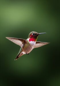 A hovering male ruby-throated hummingbird in mid-flight beside a red flower, wings frozen by a fast camera shutter.