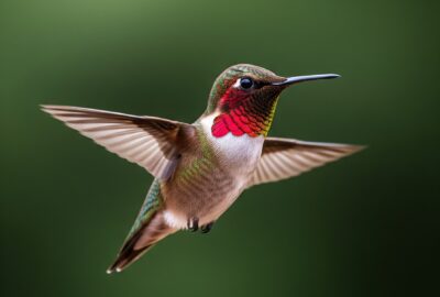 A hovering male ruby-throated hummingbird in mid-flight beside a red flower, wings frozen by a fast camera shutter.