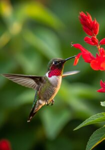 A male Ruby-throated Hummingbird hovering at a red Salvia flower in golden morning light, wings frozen mid-beat.