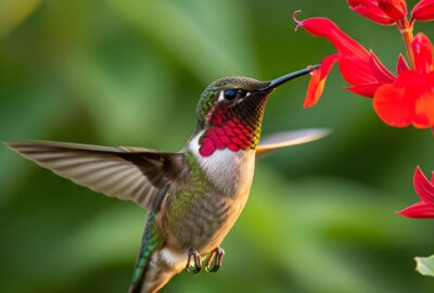 A male Ruby-throated Hummingbird hovering at a red Salvia flower in golden morning light, wings frozen mid-beat.