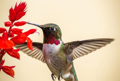 Close-up portrait of a ruby-throated hummingbird hovering at a red salvia bloom, iridescent throat feathers catching sunlight, wings frozen mid-beat