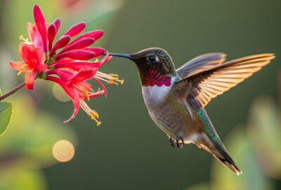 Male ruby-throated hummingbird hovering at a coral honeysuckle flower in golden morning light