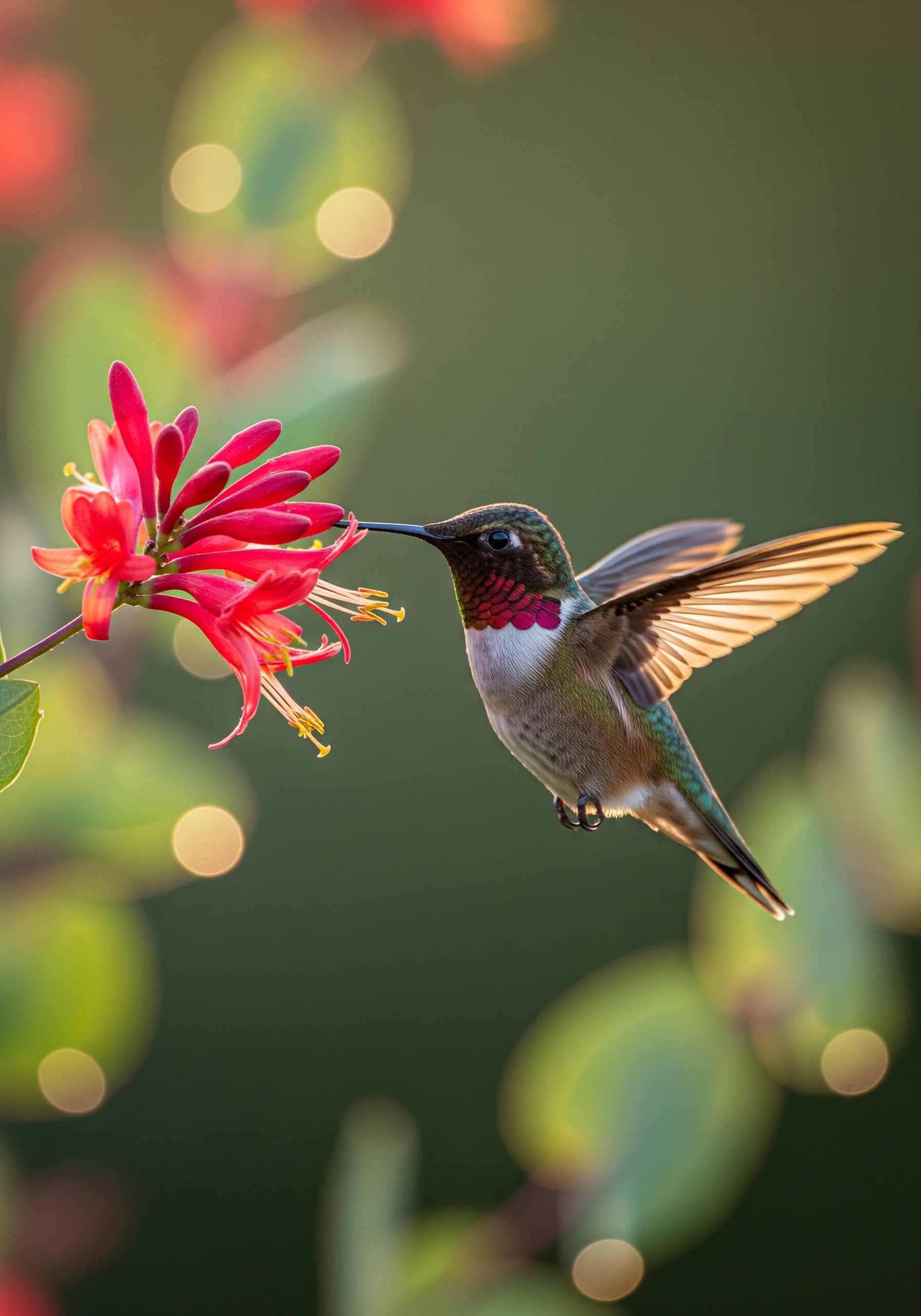 Male ruby-throated hummingbird hovering at a coral honeysuckle flower in golden morning light