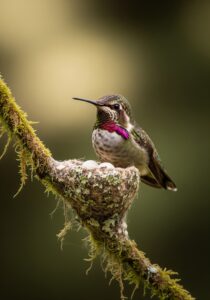 Close-up of a female Anna's hummingbird perched on a tiny lichen-covered cup nest with two pale white eggs visible inside, photographed in soft morning light.
