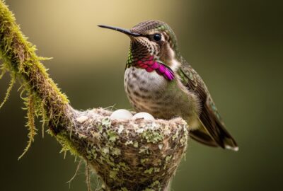 Close-up of a female Anna's hummingbird perched on a tiny lichen-covered cup nest with two pale white eggs visible inside, photographed in soft morning light.