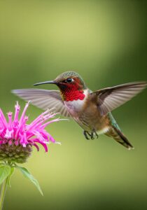 Male ruby-throated hummingbird hovering at a wild flower, wings blurred into a soft halo by motion