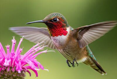 Male ruby-throated hummingbird hovering at a wild flower, wings blurred into a soft halo by motion