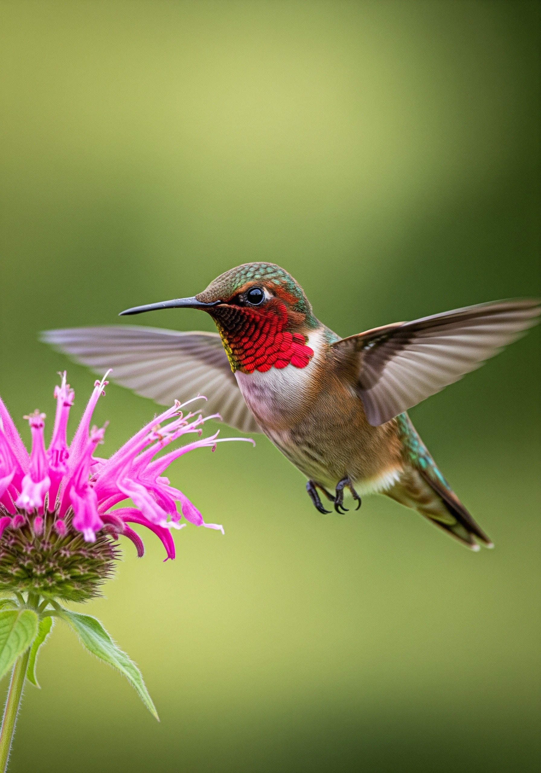 Male ruby-throated hummingbird hovering at a wild flower, wings blurred into a soft halo by motion