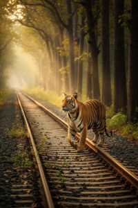 A wild Bengal tiger pausing beside an overgrown railway track cutting through dense Indian forest