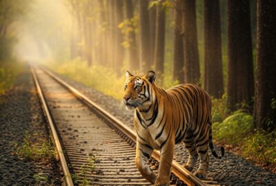 A wild Bengal tiger pausing beside an overgrown railway track cutting through dense Indian forest