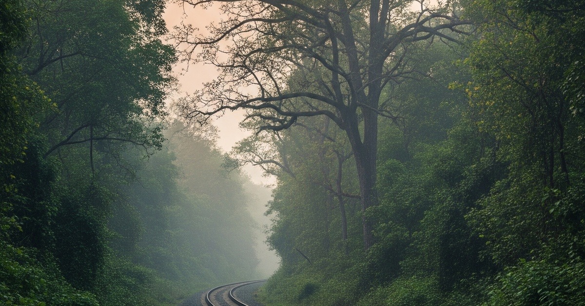 Empty railway line curving through a dense green tiger reserve corridor in central India at dusk
