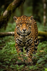 A wild jaguar with rosette markings standing alert in dappled light of a tropical Mexican forest