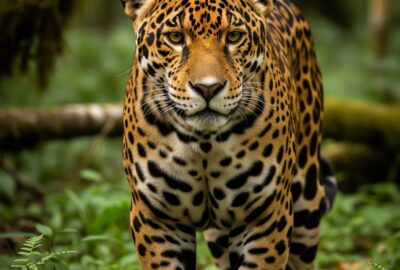 A wild jaguar with rosette markings standing alert in dappled light of a tropical Mexican forest