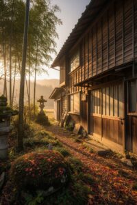 Overgrown abandoned Japanese rural home with moss-covered stone path and locked wooden door