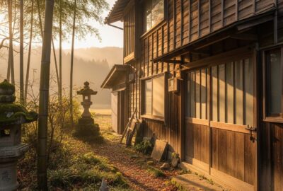 Overgrown abandoned Japanese rural home with moss-covered stone path and locked wooden door