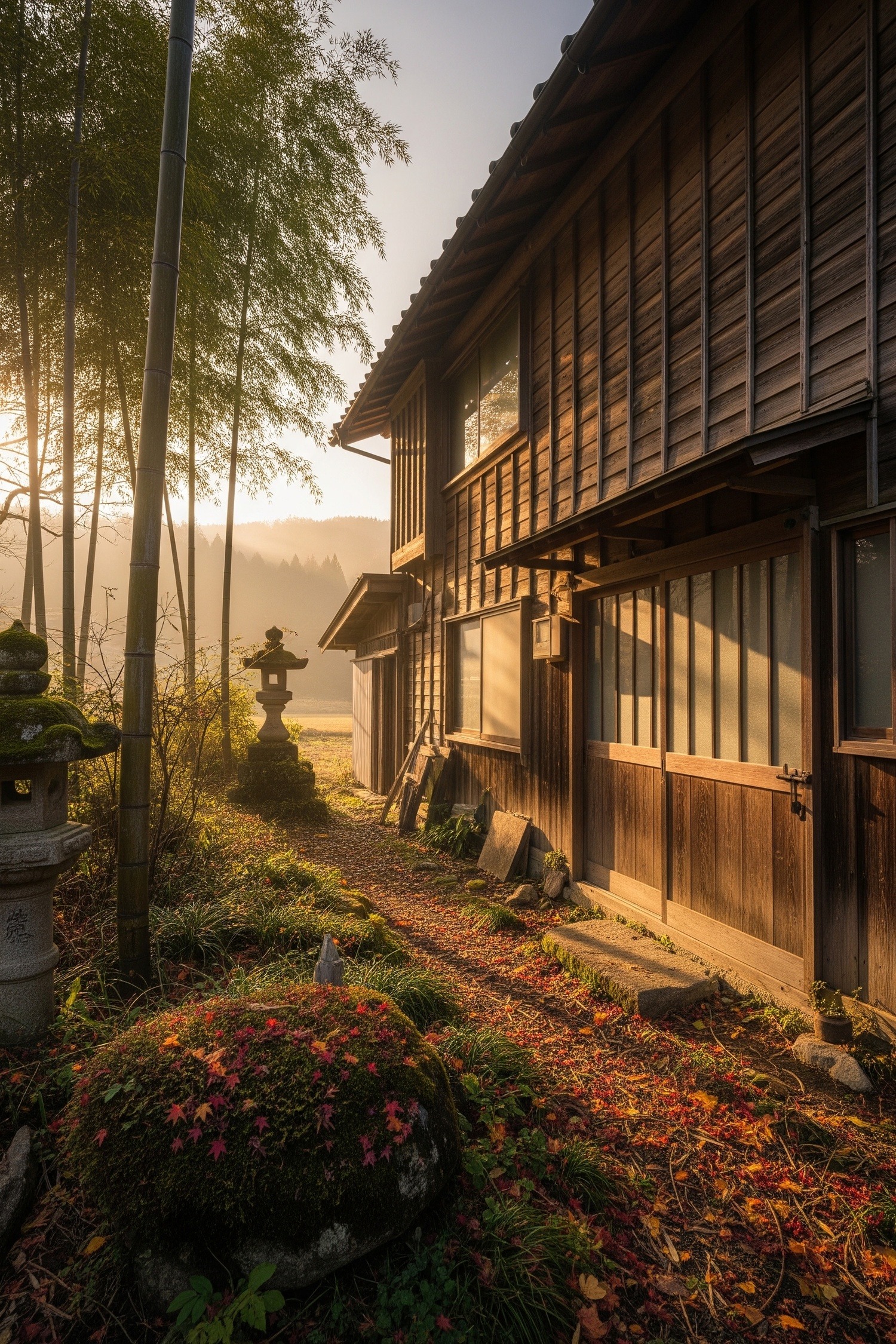 Overgrown abandoned Japanese rural home with moss-covered stone path and locked wooden door