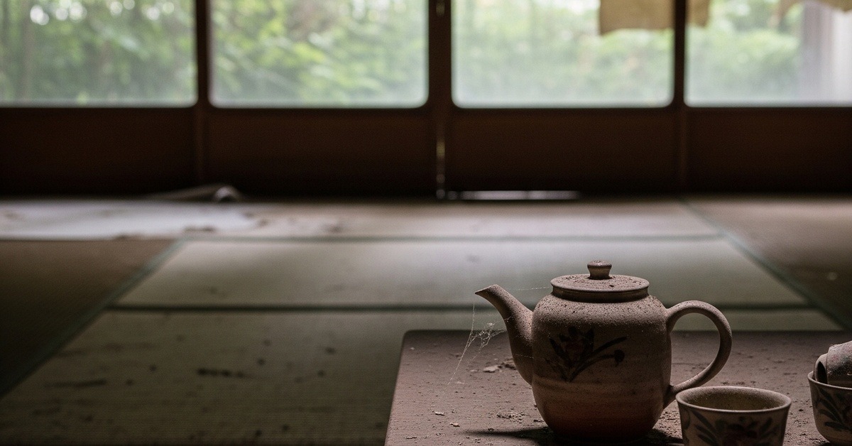 Sunlit empty room inside a traditional Japanese akiya house with dusty tatami mats