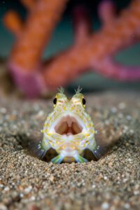A small reef jawfish peering from a sandy burrow with its jaws opened wide on a coral reef