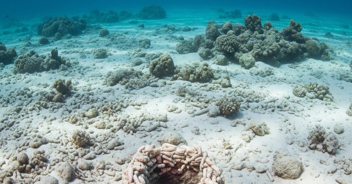Wide reef-floor view of a jawfish burrow entrance ringed with coral rubble and shell fragments