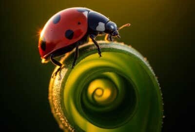 Close-up macro portrait of a seven-spot ladybug on the edge of a green leaf at golden hour, glossy red elytra catching dramatic side light.