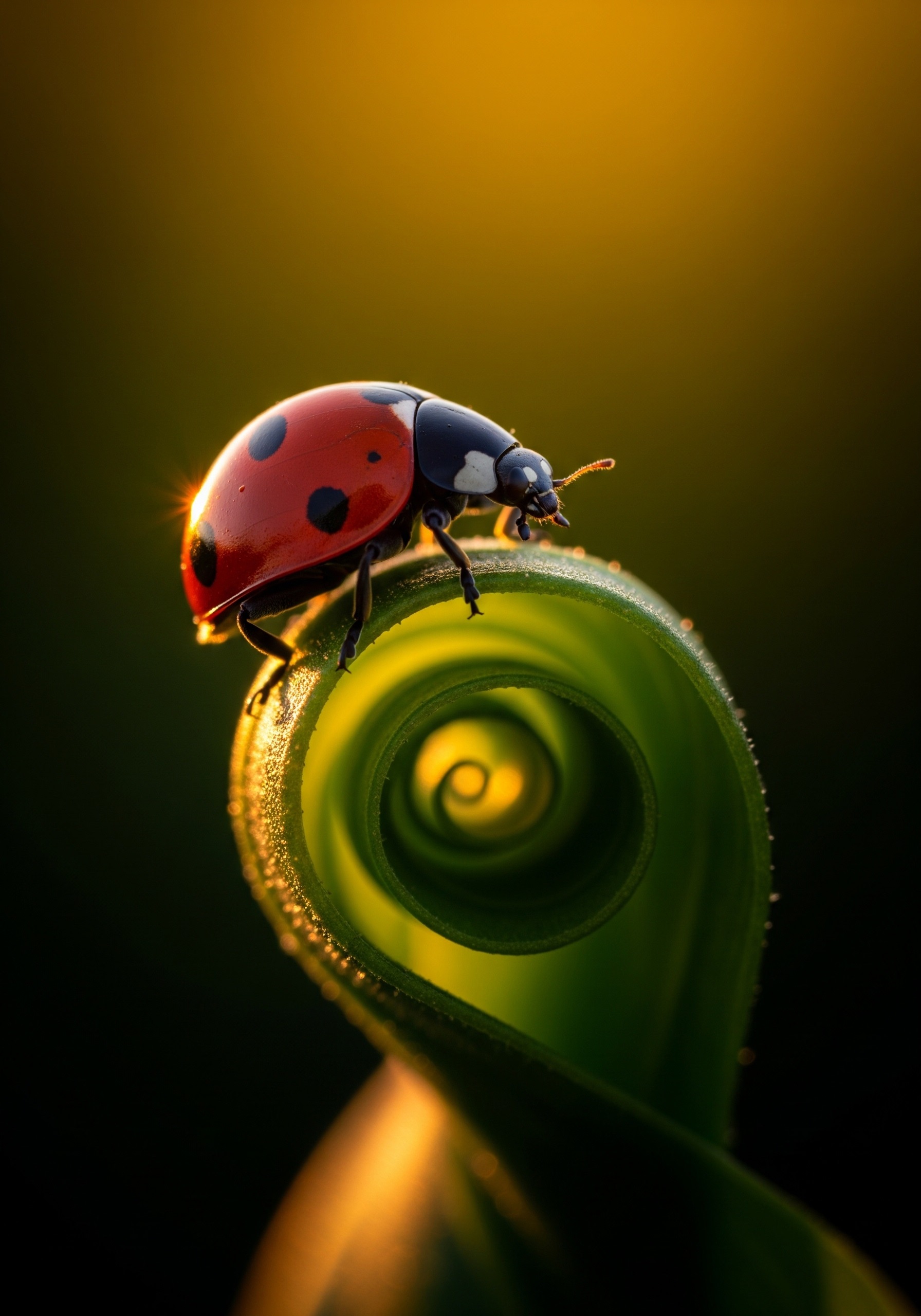 Close-up macro portrait of a seven-spot ladybug on the edge of a green leaf at golden hour, glossy red elytra catching dramatic side light.