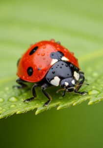 A vibrant red seven-spotted ladybug perched on a dew-covered green leaf in close-up macro detail.