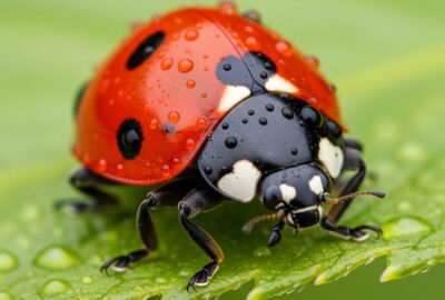 A vibrant red seven-spotted ladybug perched on a dew-covered green leaf in close-up macro detail.