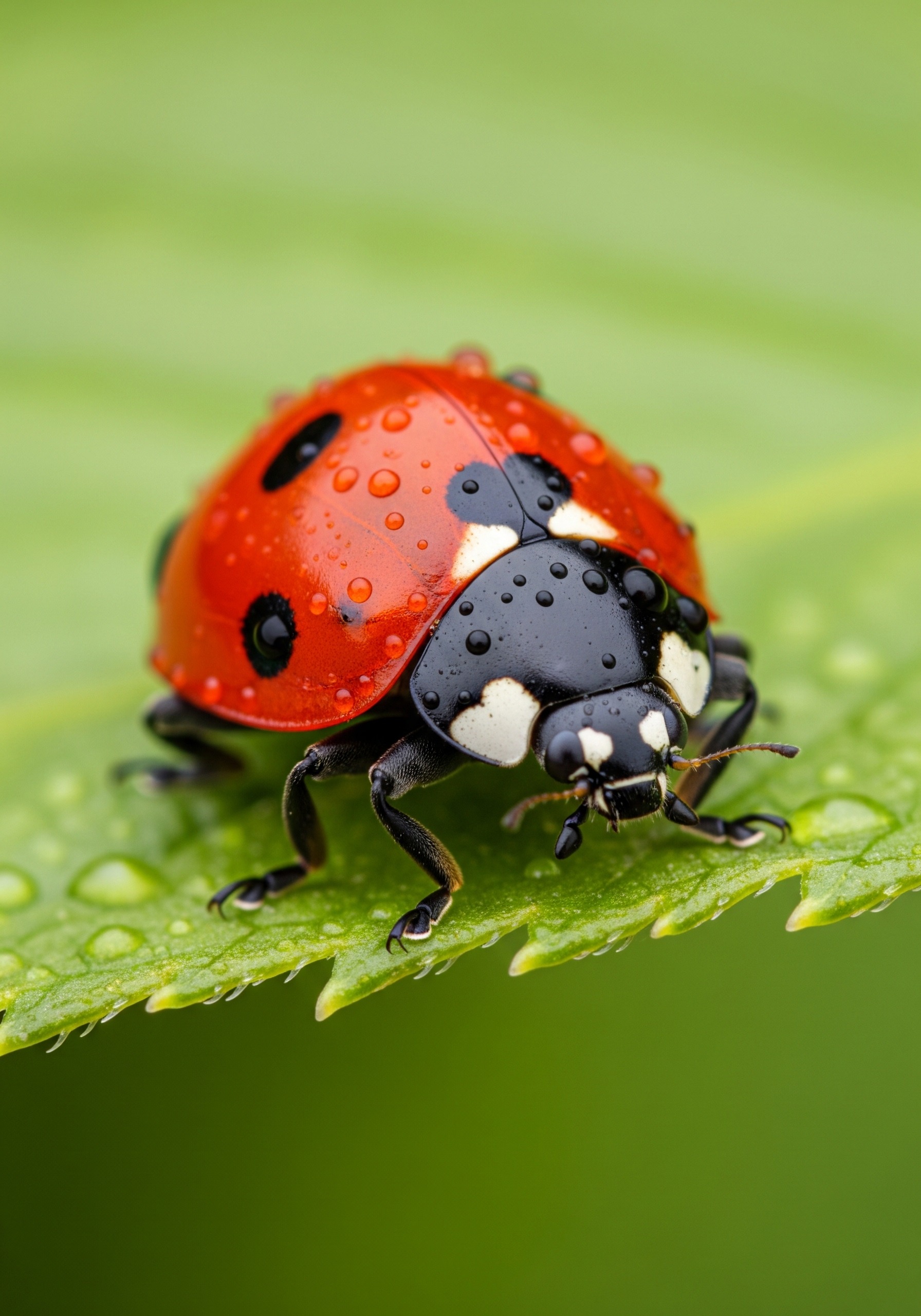 A vibrant red seven-spotted ladybug perched on a dew-covered green leaf in close-up macro detail.