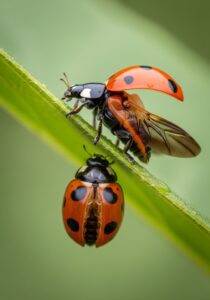 A freshly emerged seven-spotted ladybug drying its wings beside an empty pupal case on the underside of a green leaf